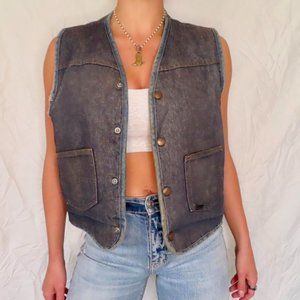 ROEBUCKS DENIM PATCH COUNTRY VEST SHEEPS FUR SIZE MEDIUM VINTAGE